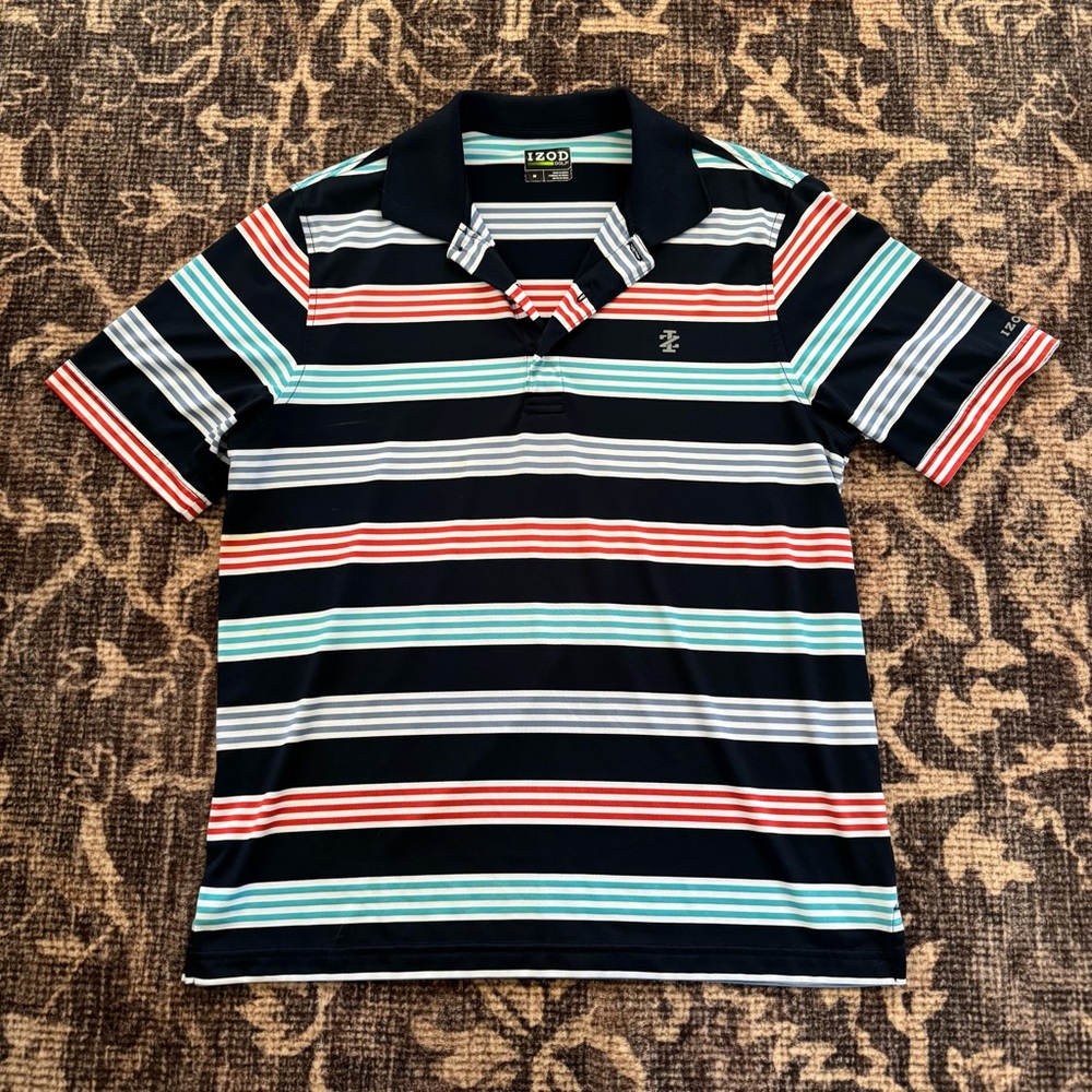 Izod Men's Polo Shirt - Navy, Red, Light Blue Stripes - Picture 2 of 4